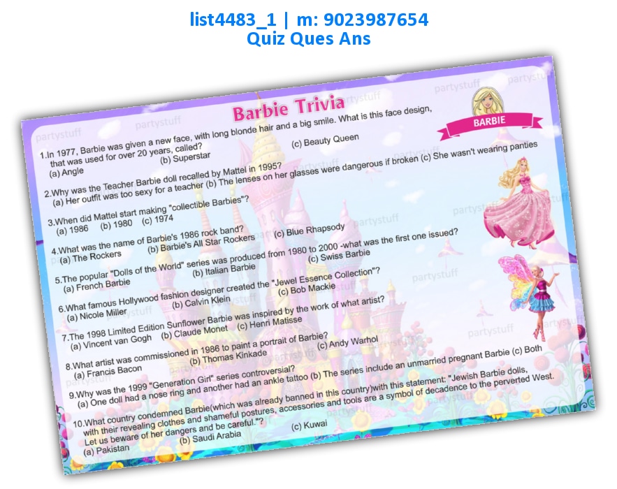 Barbie Trivia Blue | Printed list4483_1 Printed Paper Games