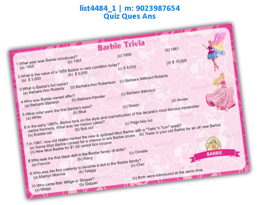 Barbie Trivia Pink | Printed list4484_1 Printed Paper Games