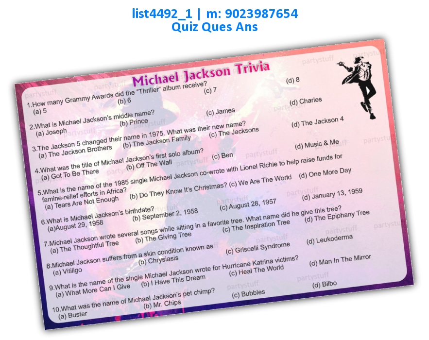 Michael Jackson Trivia 2 | Printed list4492_1 Printed Paper Games