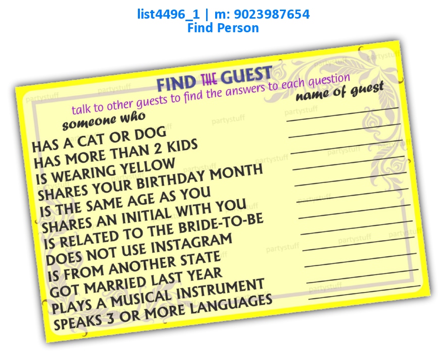 Find the Guest with Object | Printed list4496_1 Printed Paper Games