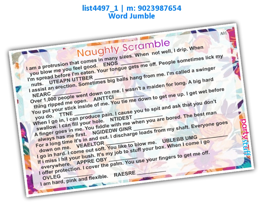 Naughty Word Scramble | Printed list4497_1 Printed Paper Games