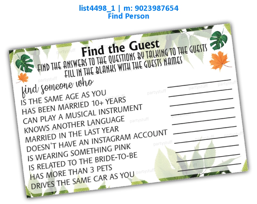 Find the Guest with Object 2 | Printed list4498_1 Printed Paper Games