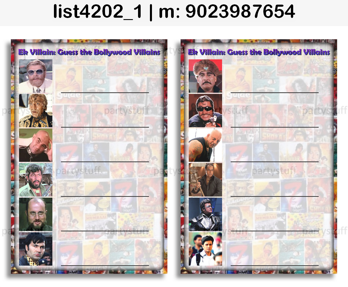 Guess Bollywood Villains list4202_1 Printed Paper Games