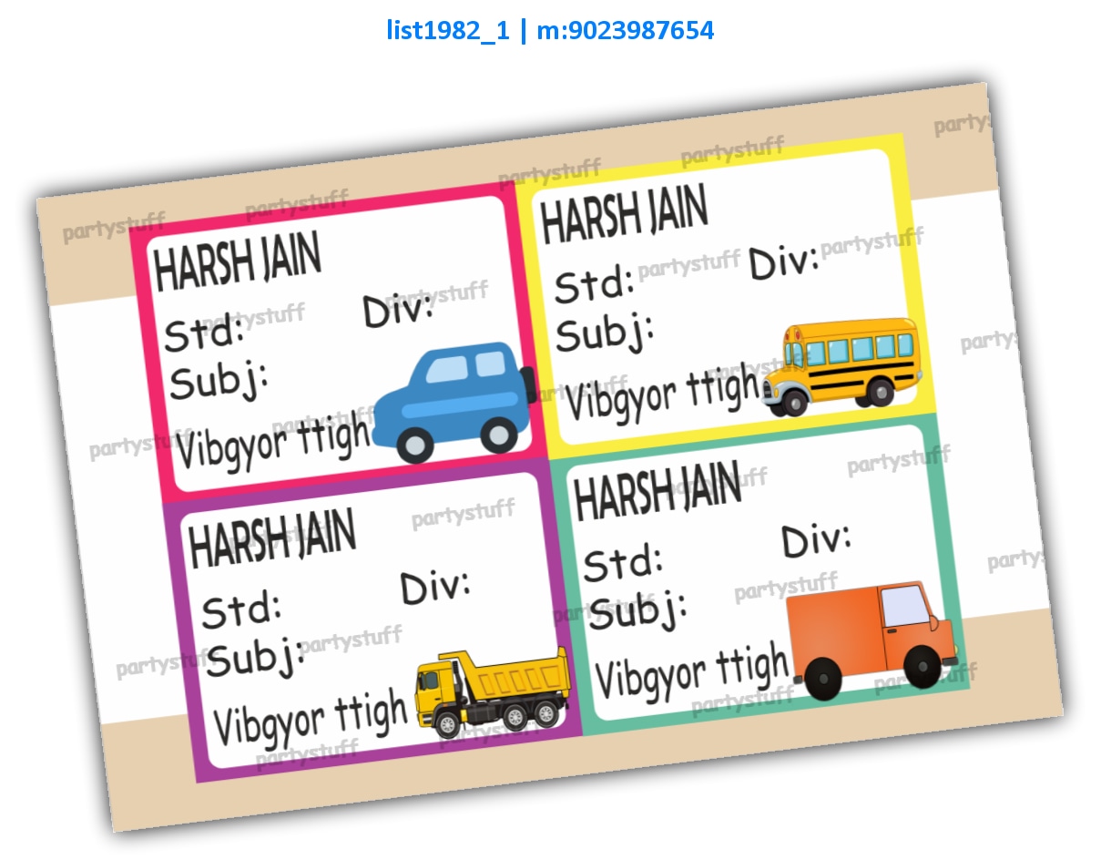 Vehicles Notebook Nameslip Stickers | Printed list1982_1 Printed Labels