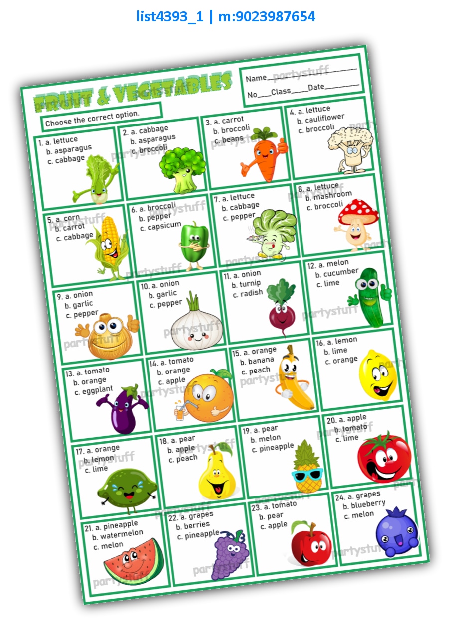 Identify Fruits Vegetables | Printed list4393_1 Printed Paper Games