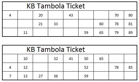 tambola tickets set in excel